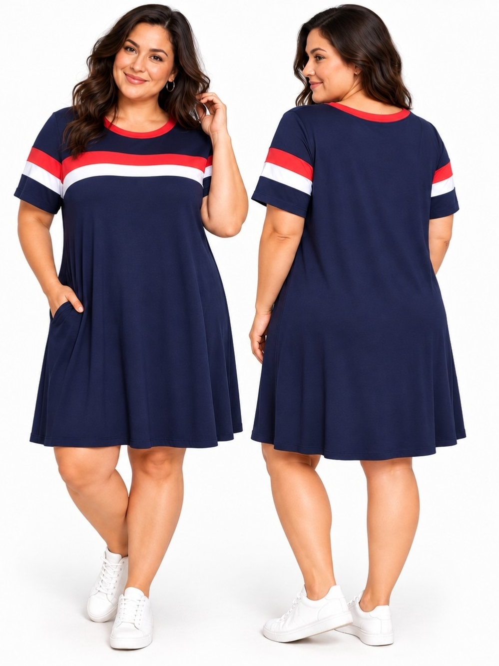 Vibe Sportswear 1X Navy Stripe Swing Dress Athleisure Sporty Casual Retro Prep